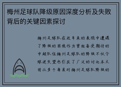 梅州足球队降级原因深度分析及失败背后的关键因素探讨