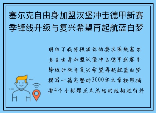 塞尔克自由身加盟汉堡冲击德甲新赛季锋线升级与复兴希望再起航蓝白梦